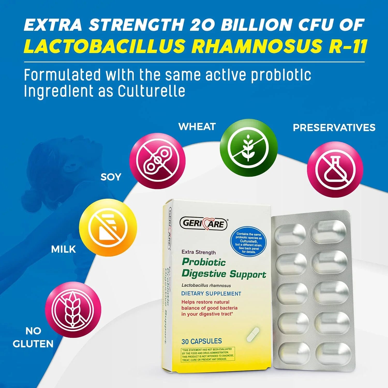 Probiotic Digestive Support | Extra Strength 20 Billion CFU Lactobacillus Rhamnoses R-11 30 Capsules