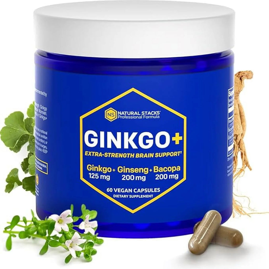 Ginkgo Biloba Supplements W/Panax Ginseng and Bacopa Monnieri - Focus Supplement for Mental Performance, Brain Health Supplements for Adults, 60 Ginkgo Biloba Capsules