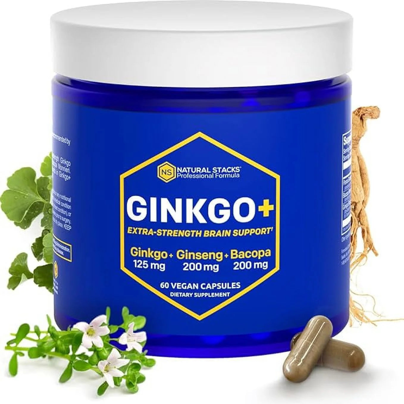 Ginkgo Biloba Supplements W/Panax Ginseng and Bacopa Monnieri - Focus Supplement for Mental Performance, Brain Health Supplements for Adults, 60 Ginkgo Biloba Capsules